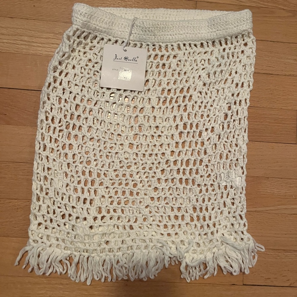 Just Quella White Crochet Fringe Mini Skirt